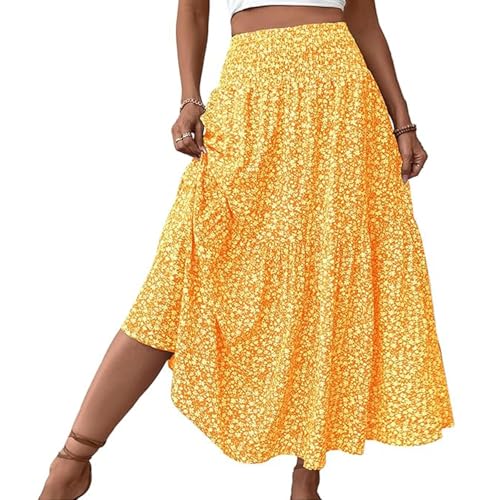 Floral Skirts for Women Summer Floral Smocked High Waisted Skirts Pleated Ruffle Tiered Beach Maxi Skirts with Pockets