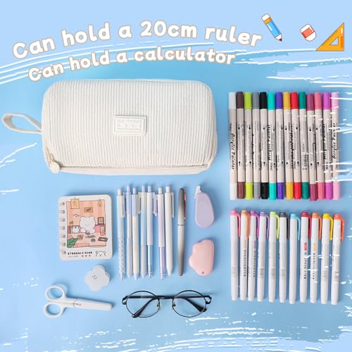 Image of iSuperb Big Capacity Corduroy Pencil Case 3 Compartments Pen Pouch Simple Organizer Bag Large Capacity Pencil Box for Adults (Beige)