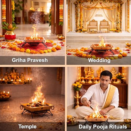 Image of Indian Art Villa Pure Copper Hawan Kund with Stand & Side Handles, Traditional Yagya, Hawan & Poojan Kund for Home Mandir, Festivals & Religious Ceremonies, 2.3 x 8.1 Inches