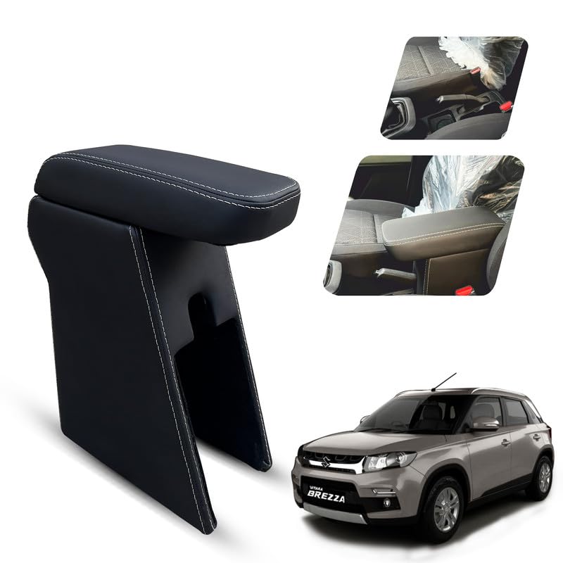 Carigiri Premium Finish Car Armrest with Storage Box And High Density Moulded Foam For Maruti Suzuki Vitara Brezza (Models-2016-2021) (Black With White Double Stitching,Nappa Leatherette)