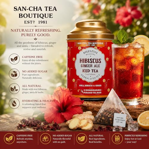Image of Sancha Hibiscus Ginger Ale Iced Tea | 15 Pyramid Bags | Hibiscus, Amla & Ginger Herbal Blend | Sugar-Free | Not Instant