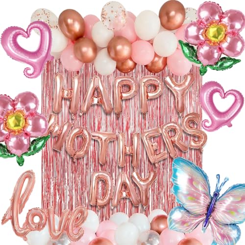 Mothers Day Decorations, Pink Rose Gold Happy Mother's Day Balloon Garland Kit with Best Mom Theme Love, Flower,Butterfly Balloons Foil Curtain for Girls Women Mother's Day Party Supplies