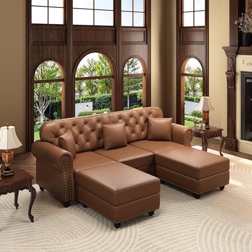 Image of KEIKI 83 inch Faux Leather Chesterfield Sofa with Rolled Arms & Nailhead Trim & 2 Ottoman, 3-Seater Button Tufted Couch with High Resilience Cushion & 3 Pillow, Easy Assembly, for Living Room, Brown
