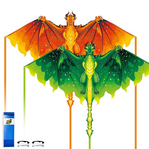 Simxkai Dragon Kite for Kids Ages 8-12, Adults, Easy to Fly for Beginners,Large Single Line Green&Orange