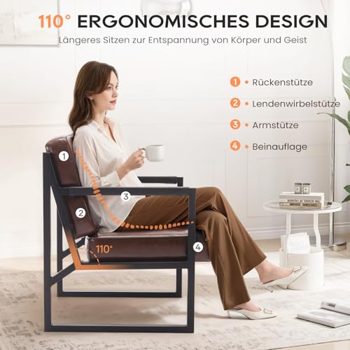 COLAMY Ohrensessel Sessel Wohnzimmer, Leder Accent Chair, Mid Century Modern Kunstleder Empfangssessel mit Metallbeinen für Wohnzimmer Schlafzimmer Empfangsraum Wartezimmer, Braun