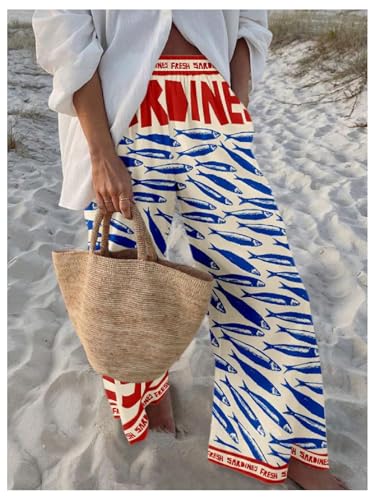 MakeMeChic Women's Boho Fish Print Wide Leg Pants Elastic Waist Loose Fit Trousers with Pockets4