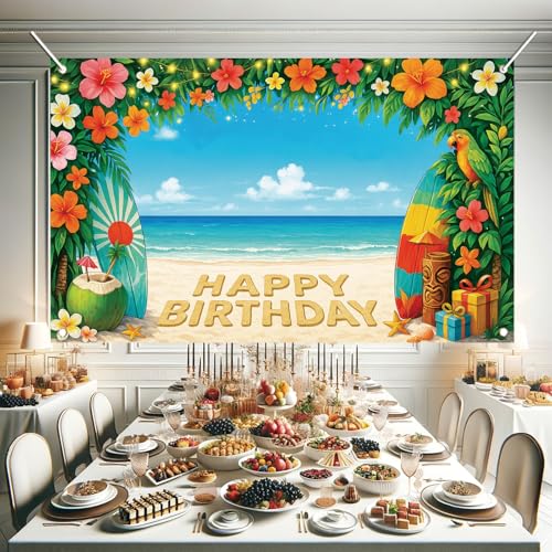 Image of Summer Hawaiian Birthday Backdrop Tropical Flower Beach Party Decorations Banner 71 x 43 Inch Surfboard Parrot Coconut Background for Kids Adults Happy Birthday Photography Props