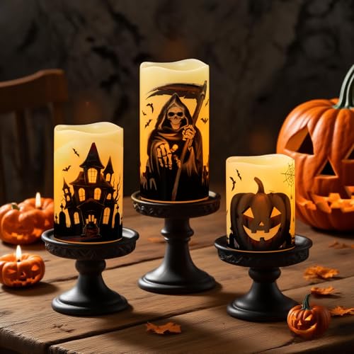 Image of Wondise Halloween Flameless Flickering Candles with 6 Hour Timer, Battery Operated Real Wax Halloween Candles Set of 3 Halloween Decoration Grim Reaper, Haunted House, Pumpkin (3 x 4 5 6 Inch)