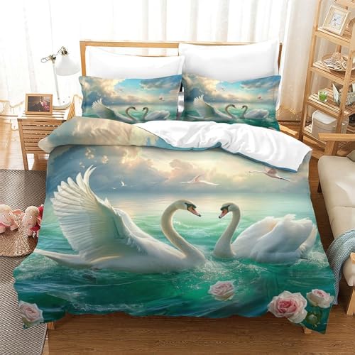 Housse de couette cygne 140x200 microfibre 3D avec taies