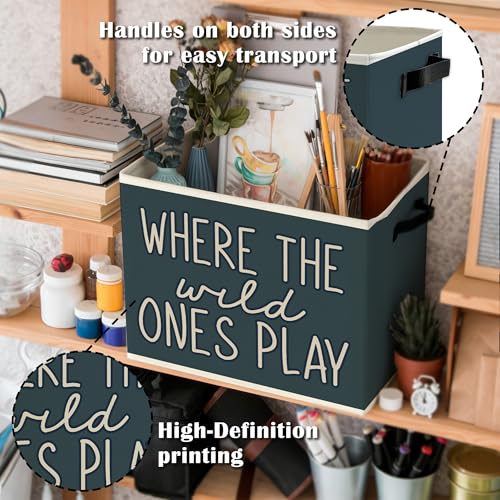 Image of Olive Blue Boho Classroom Storage Bins Box with Handles, Where the Wild Ones Play Collapsible Basket Organizer for Kids Playroom Nursery Bedroom Bathroom Books Clothes