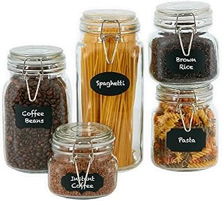 ZENO Set of 5 Clip Top Glass Storage Preserving Jars | 10 Reusable Stickers & Chalk Pen | Assorted Collection of Airtight Vintage Dry Food Containers