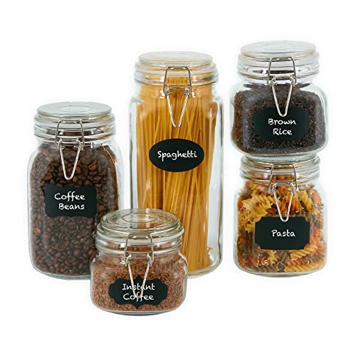 ZENO Glass Food Jars - Set of 5 | Glass Jars With Lids | Airtight Jars for Food | 10 Reusable Stickers & Chalk Pen | Kitchen Jars with Clip Top Lids | Food Containers for Pasta, Rice, Coffee Beans ZENO Glass Food Jars - Set of 5 | Glass Jars With Lids | Airtight Jars for Food | 10 Reusable Stickers & Chalk Pen | Kitchen Jars with Clip Top Lids | Food Containers for Pasta, Rice, Coffee Beans