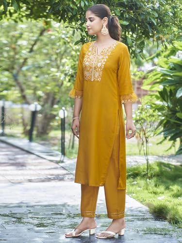 Image of Sanisa Women's Chinnon Silk & Organza Sequence and Embroidery Work Straight Kurta with Pant and Dupatta Set