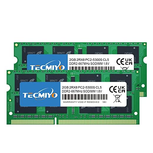 TECMIYO 4GB Kit (2x2GB) PC2 5300s DDR2 667MHz 2RX8 Dual Rank PC2-5300 DDR2-667 1.8V 200pin Sdram Sodimm Non-ECC Unbuffered SODIMM Laptop Memory Ram Module