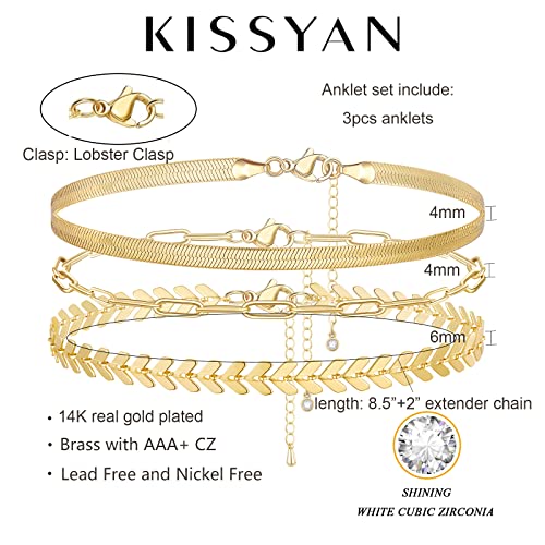 Image of KissYan Gold Layered Ankle Bracelets for Women, Dainty 14k Gold Plated Layering Anklets Set Adjustable Fashion Cuban Link Snake Tennis Chain Ankles Summer Beach Foot Jewelry
