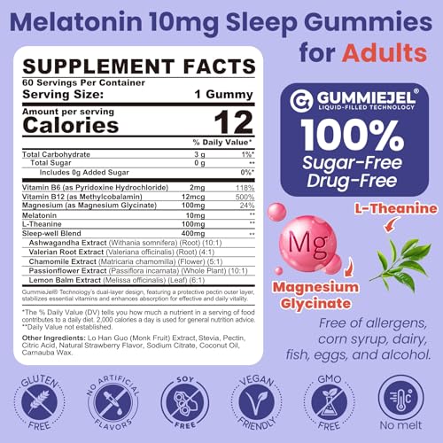 Image of EnvyCure Melatonin Gummies 10mg 20mg - Extra Strength Sleep Aid for Adults with Magnesium Glycinate 100mg, L-Theanine, Ashwagandha, B6, B12 - Deep Relaxation, Sugar Free - 120 Cts