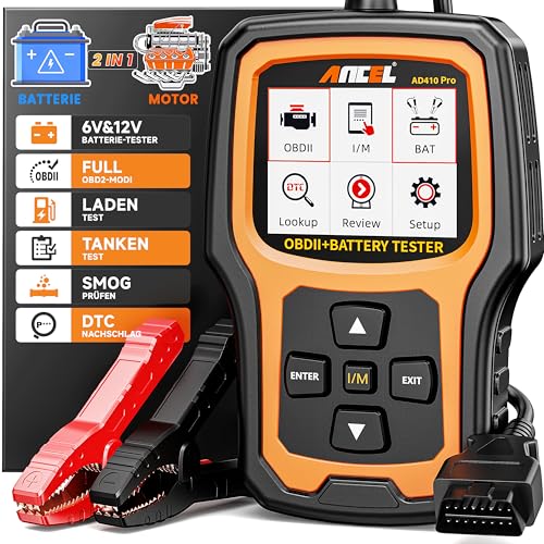 ANCEL AD410PRO OBD2 Diagnosegerät Auto Batterietester 2 in 1, Autobatterie Tester mit OBD2 Funktionen, 12V 24V 100-2000CCA Batterie/Kurbeln/Laden Test, für Alle Auto Motor und Batterie