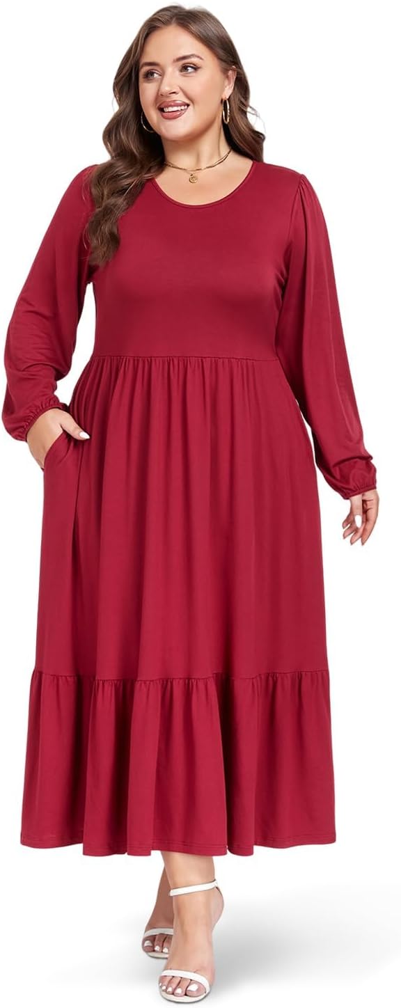 Moon Wood Women's Plus Size Maxi Dress Empire Waist Crew Neck Long Sleeve Dress with Pockets, Long Casual Dreses Daily Wear