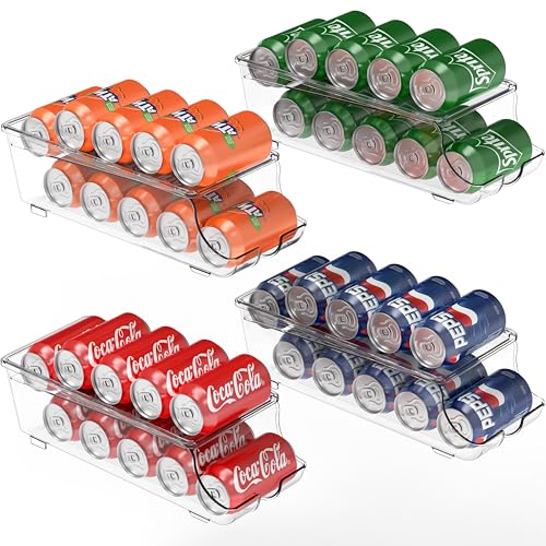 Simple Houseware 4-Pack Auto-Rolling Beverage Can Organizer for Fridge, Clear Front-Loading Soda Dispenser with Smooth Glide Design, Space-Saving Refrigerator Storage Bins