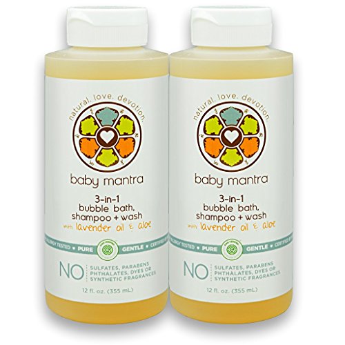 Baby Mantra 3-in-1 Natural Bubble Bath, Shampoo and Body Wash - EWG Verified Bath Bubbles for Infants, Toddlers, and Kids with Sensitive Skin, 12 Fluid Ounces (Pack of 2) [Package May Vary]