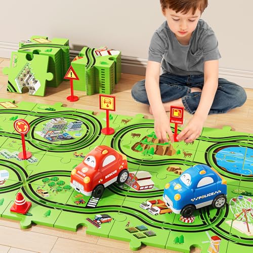 NIPLOOOW 48 PCS Puzzle Track Car Set for Boys Kids 3-5, Toddler Boys Toys for 3 4 5 6 Years Old, Puzzle Race Tracks Car Toys, Birthday Gifts for Kids 3 4 5 6 7 8 Year Old Boys Girls