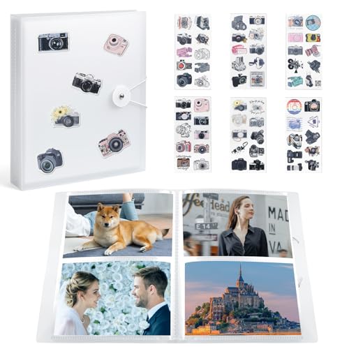 Fotoalbum Einsteckalbum, Karten Halter Album mit 6 Kamera Aufkleber, Fasst 200 Fotos im Format 16x11, Kartenalbum Ordner, Klein Fotoalbum, Transparentes Stickerbuch Sammelalbum für Hochzeit Geburtstag