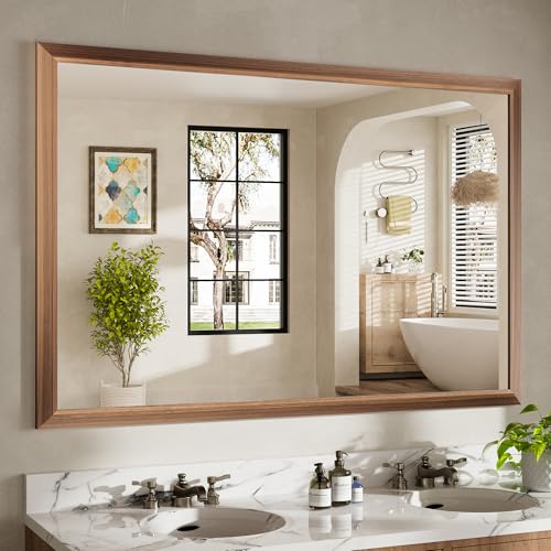Image of 60x40 Inch Bathroom Mirror for Wall, Anti-Rust Walnut Wood Grain Metal Framed Bathroom Mirrors for Over Sink,Rectangler Mirrors for Bathroom Vanity, Farmhouse, Bedroom, Living Room, Entryway Decor