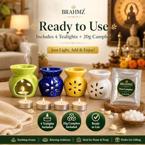 Image of BRAHMZ Ceramic Oil Burner Set of 4 with 20gm Bhimseni Camphor - Aroma Oil Diffuser for Essential Oils, Aromatherapy, Home Fragrance, Meditation, Spa, Yoga & Gifting (with Bhimseni Camphor)