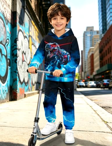 Image of Boys Clothes, T-Rex Print Dinosaur Boy Clothes Fall Winter Outfits Long-sleeved Hooded Sweatshirt Pants 2Pcs Set