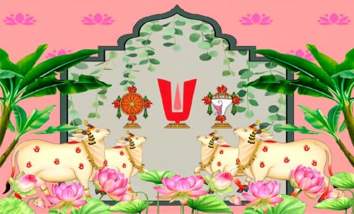Image of Background Decoration Cloth | Venkateswara Swamy Pastel Pink Pooja Backdrop with Divine Kamadhenu & Lotus Garden 5x8 Feet |varamahalakshmi Pooja Background