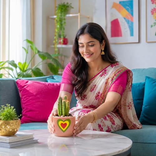 Image of Urban Plant Blush Pink Heart Handcrafted Terracotta Planter | Colourful Indoor Clay Pot for Living Room | Artisan Decorative Flower Pot for Plant Lovers | Drainage Hole | 4.5 Inch