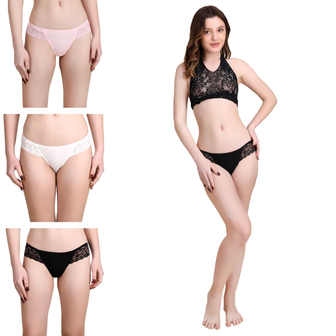 women lace trim thong sexy g-string low rise panties t-back underpants set of 3