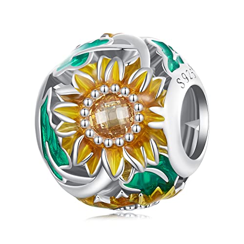 Ciondolo Charms Girasole per Bracciale Pandora - 925 Argento Sterling Charm Bead Smalto - Regalo di compleanno per le donne