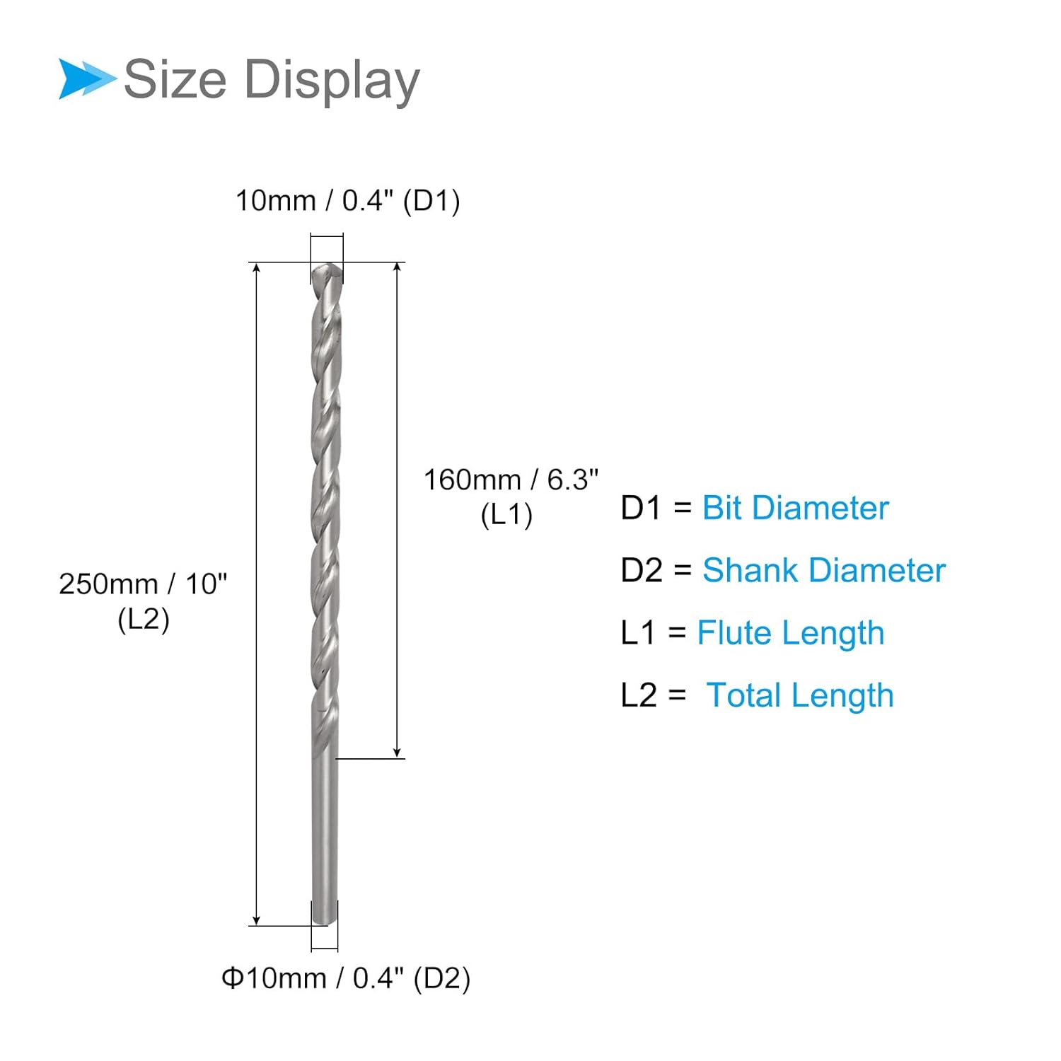 High Speed Steel Twist Drill Bits, 10mm Diameter 250mm Length, Straight Twist Jobber Drill Bit - (Applications: for Metal Woodwork Plastic Aluminum), 2Pieces