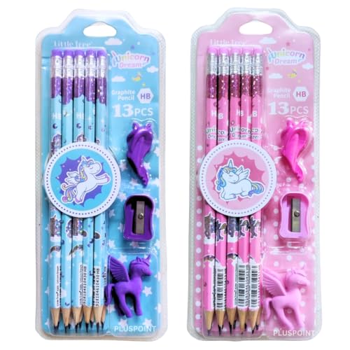 Image of PLUSPOINT 26 Pieces Unicorn Pencils for Girls, 20 Unicorn Pencils with 2 Erasers 2 Grips 2 Sharpeners Colorful Kids Pencils Cute Unicorn School Supplies for Classroom Reward Party Favor (unicorn)