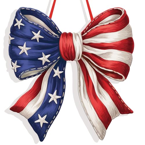 Whaline Patriotic Door Sign Outdoor Hanger USA Flag Bow Wooden Front Door Hanging Sign with Rope for 250th Anniversary 4th of July Independence Memorial Day Party Home Wall Porch Decorations