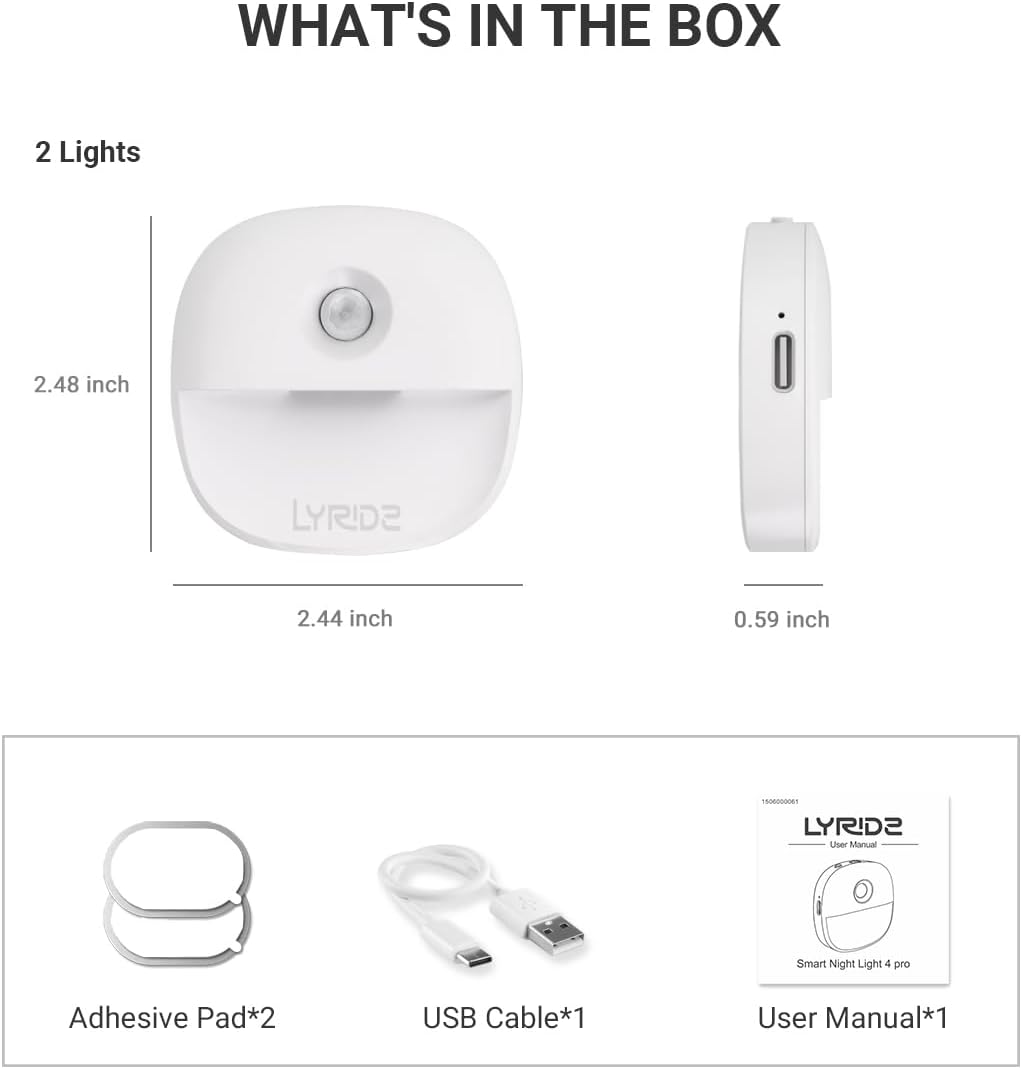 Contents of the Lyridz Night Light package including two lights, two adhesive pads, one USB cable, and a user manual.