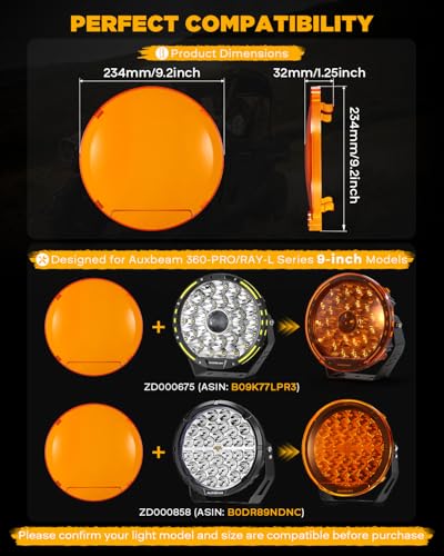 Image of Auxbeam 9 Inch Deep Amber Light Covers for 360-PRO /RAY-L Series, 2300K Dark Amber Tint Round Off-Road Light Lens Cap, Light Bar Covers for Fog Dust Rain Snow, 2 Packs