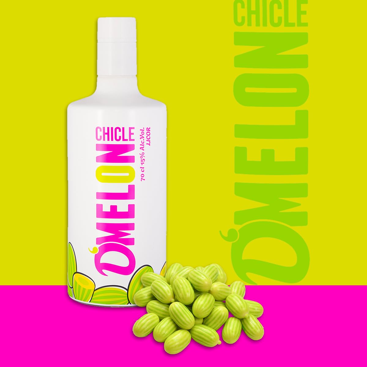 DMELON Licor Chicle de Melón, sabor joven, refrescante y rompedor, Sin Gluten, Sin Lactosa,15%, botella 70 cl