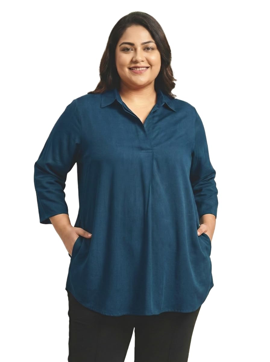 Women’s Plus Size Solid Rayon Tunic Side Pockets Regular Fit 3/4 Sleeves Collared Shirt Style Casual Office Wear Top-picture-34