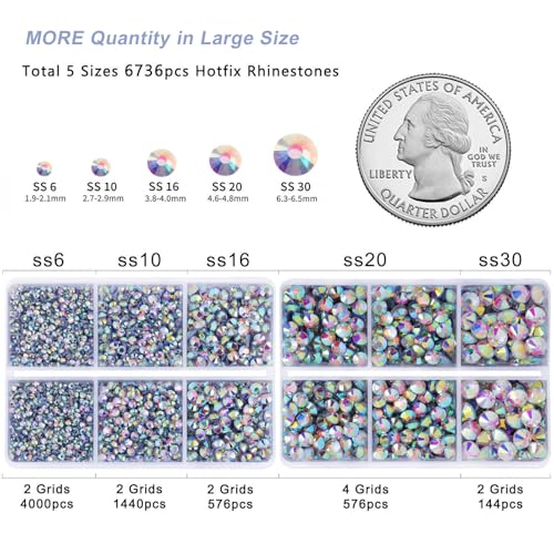 Image of 6736pcs Hotfix Rhinestones Flatback,Clear AB Rhinestones for Crafts Clothes Mixed 5 Sizes, Hotfix Crystals with Tweezers and Wax Pencil Kit, SS6-SS30, Clear AB