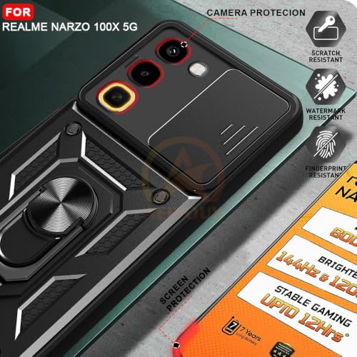 Image of Armor Bumper Back Cover Case for Realme Narzo 100X 5G Rotating Camera Cover, Ring Holder & Kickstand | Heavy Duty & 360 Degree Protection Back Cover for Realme Narzo 100X 5G (Black)