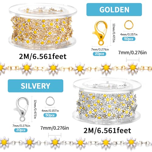 2M White Daisy Flower Link Chain – Enamel Metal Chain with 20 Lobster Clasps & 50 Jump Rings – DIY Bracelet,Necklace,decorating belts, handbags(Gold/Silver)3