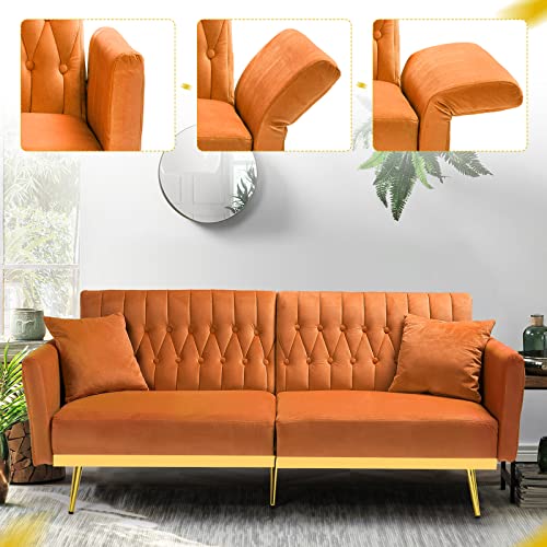 Acmease 70” Velvet Futon Sofa Bed W/Adjustable Armrests & 2 Pillows, Convertible Futon Couch, Modern Sleeper Bed For Living Room, Bedroom, Orange #TOP1
