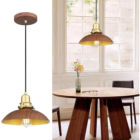 YKLITG Farmhouse Vintage Pendant Light Kitchen Island, 9-Inch Metal Hanging Light with Wood Grain Finish, Industrial Pendant Lighting Fixture for Kitchen Bedroom Dining Room, DD037-1-G Cover