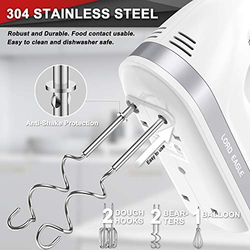 Lord Eagle Hand Mixer Electric, 400W Power handheld Mixer for Baking Cake Egg Cream Food Beater, Turbo Boost/Self-Control Speed + 5 Speed + Eject Button + 5 Stainless Steel Accessories - Thumbnail 2