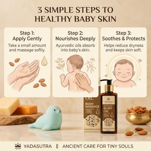Image of Ayurvedic Baby Massage Oil 200ml | Natural Newborn Body Oil with Sandalwood, Badam & Manjishta | Daily Baby Skin Care | Soft, Moisturising & Nourishing Pack of 3