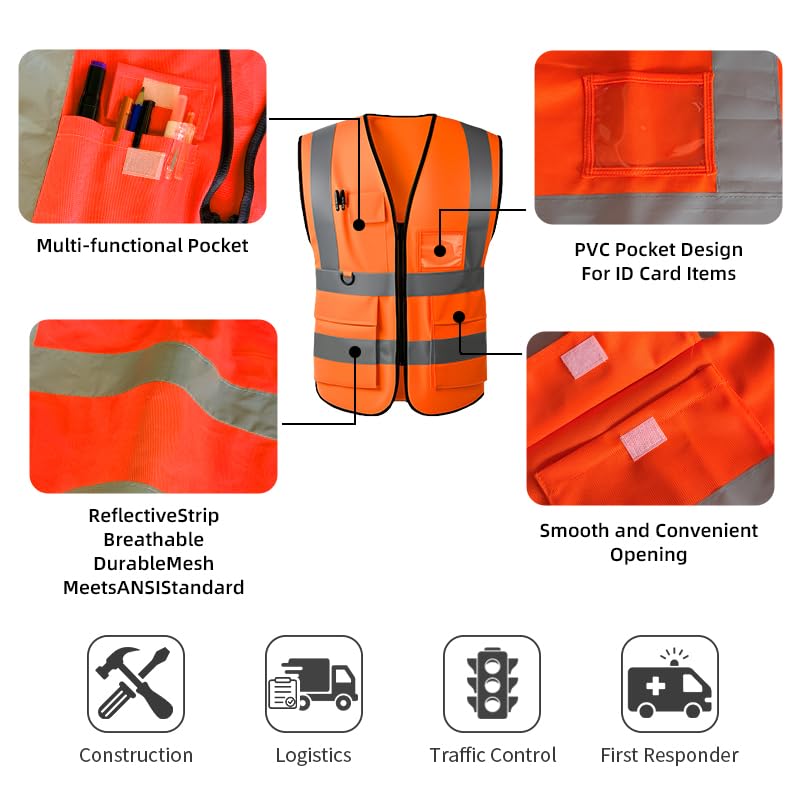 Image of High Visibility Safety Vest with Reflective Strips & Pockets