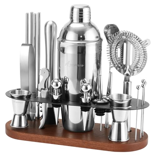 ASOVNIS 23-Piece Bartender Kit, Cocktail Shaker Set with Stand | Bar Drink Mixer Set with All Essential Bar Tools: Martini Shaker, Jigger, Strainer, Pourers, for Home, Bar, Party (Brown-y)