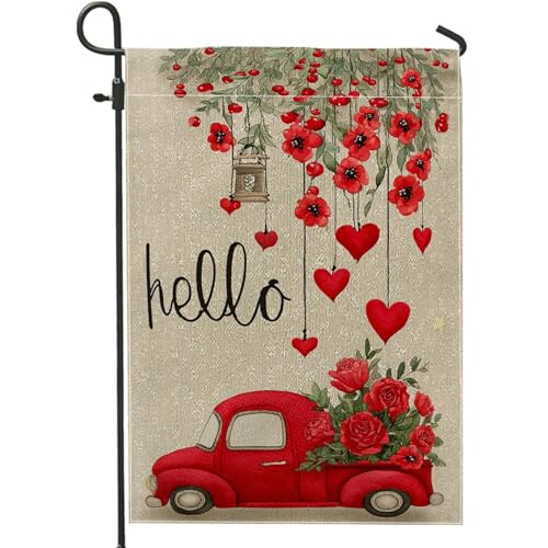 Bandera de jardín de camión, flores fantasiosas de temporada, corazones, arpillera roja, doble cara, bandera de jardín pequeña para patio al aire libre, césped, porche, entrada, camping, 12 x 18